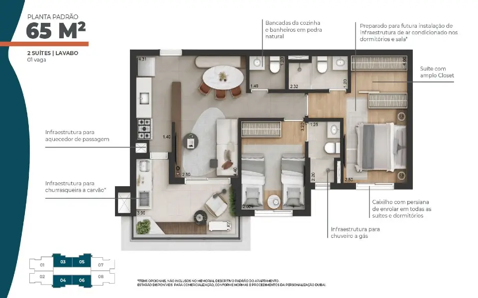 Planta 65 m² · 2 suítes · lavabo · 1 vaga