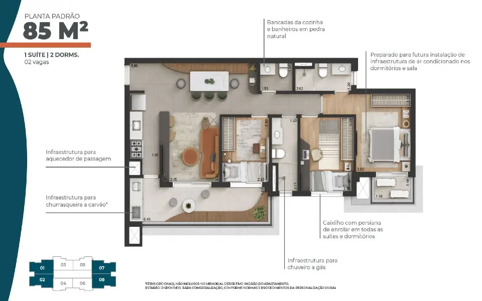 Planta padrão 85 m² · 1 suíte + 2 dorms · 2 vagas
