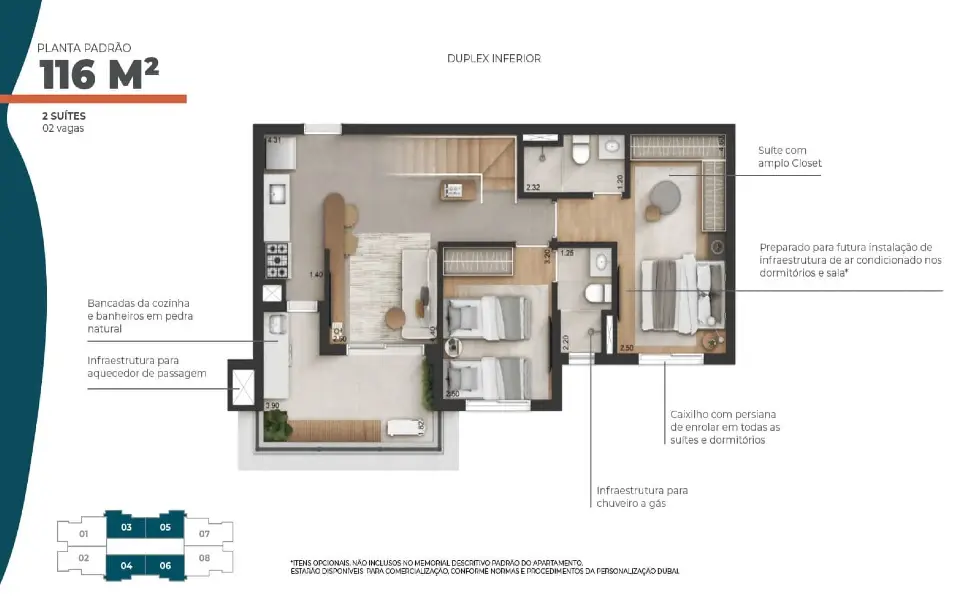 Duplex 116 m² · piso inferior · 2 suítes